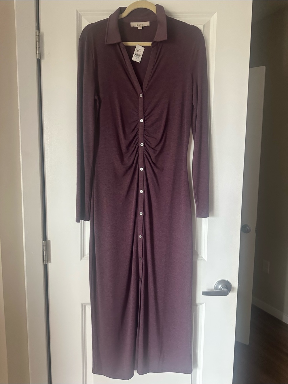 LOFT Ruched Button-Front Maxi Dress in Plum